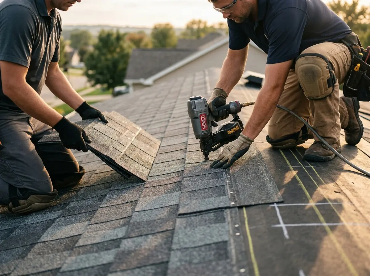 Professional roofer working on a residential roof in Hornell